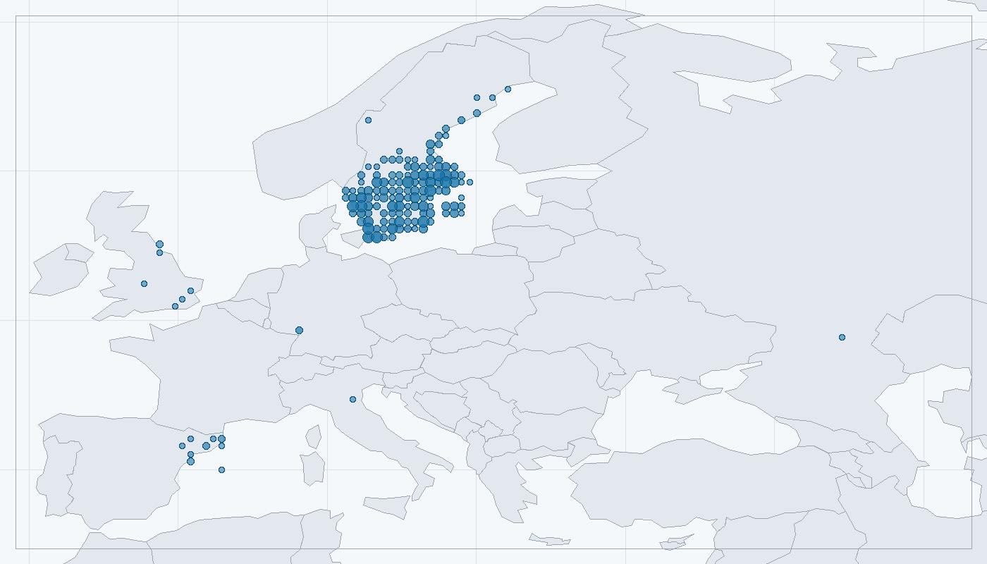 Mapa zaznamenaného výskytu: Chřástal vodní (Rallus aquaticus)