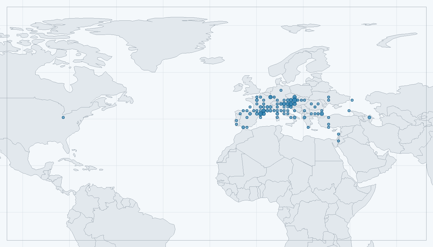 Mapa zaznamenaného výskytu: Martináč hrušňový (Saturnia pyri)