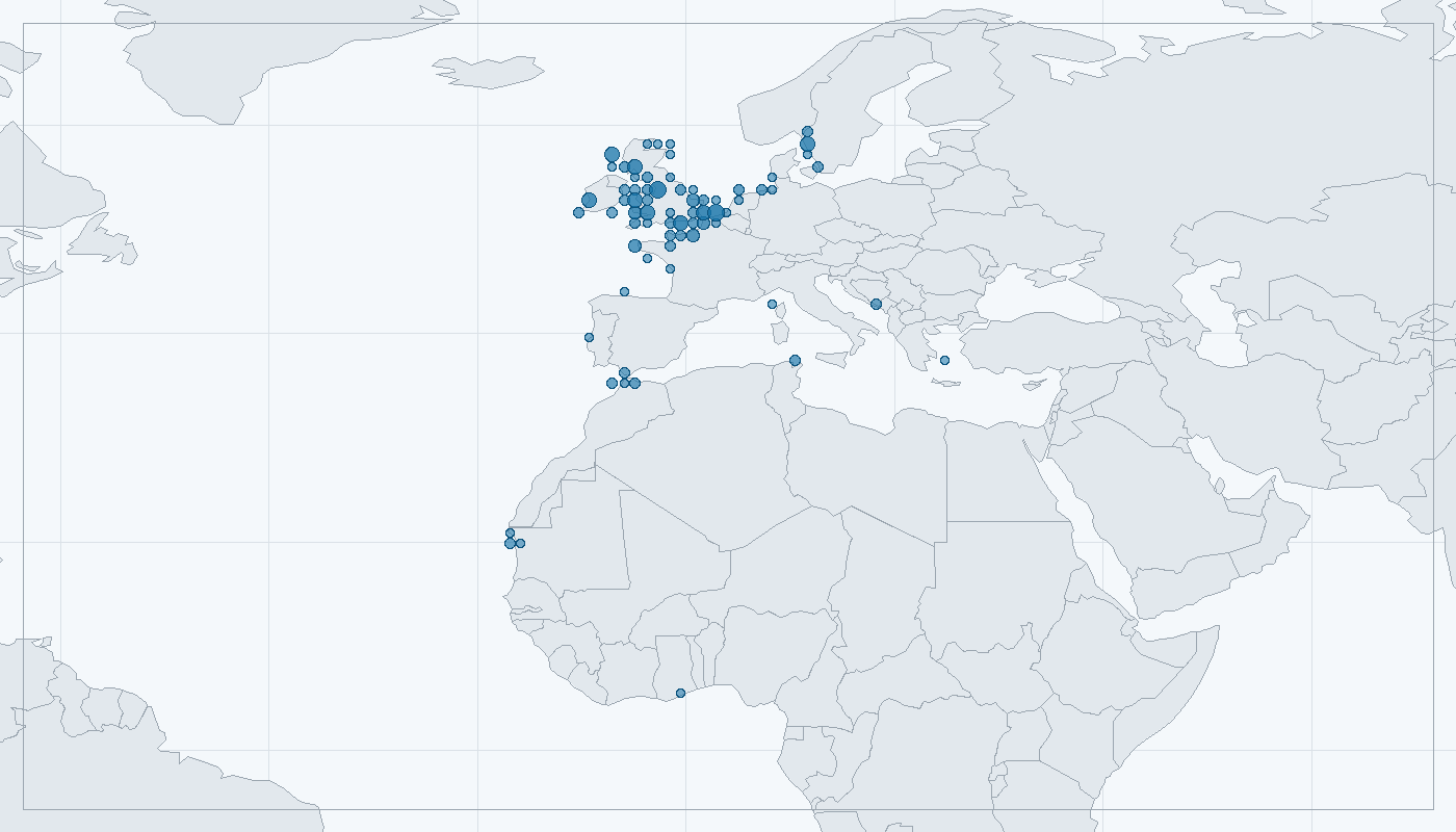 Mapa zaznamenaného výskytu: Máčka skvrnitá (Scyliorhinus canicula)