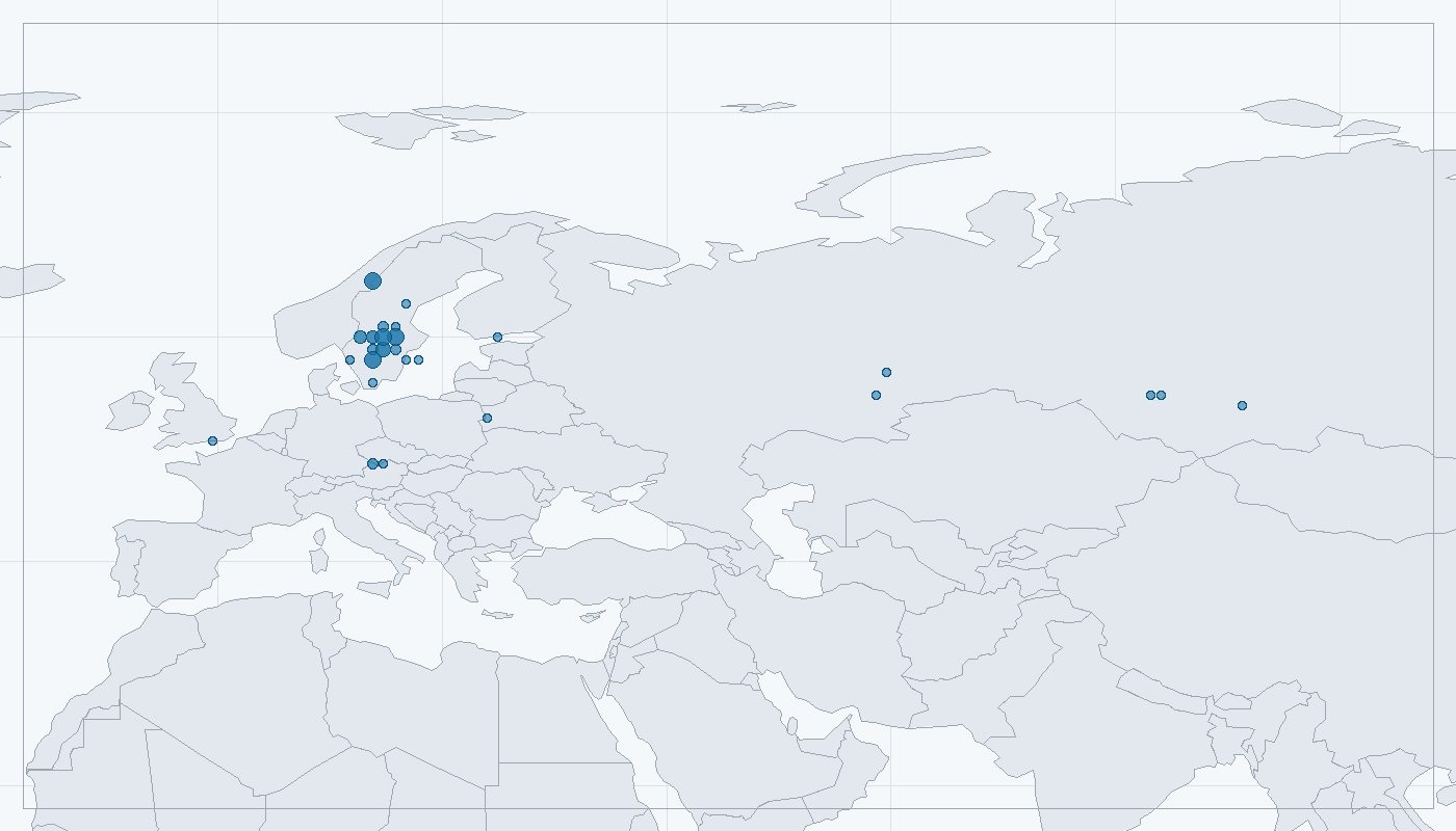 Mapa zaznamenaného výskytu: Myšivka horská (Sicista betulina)