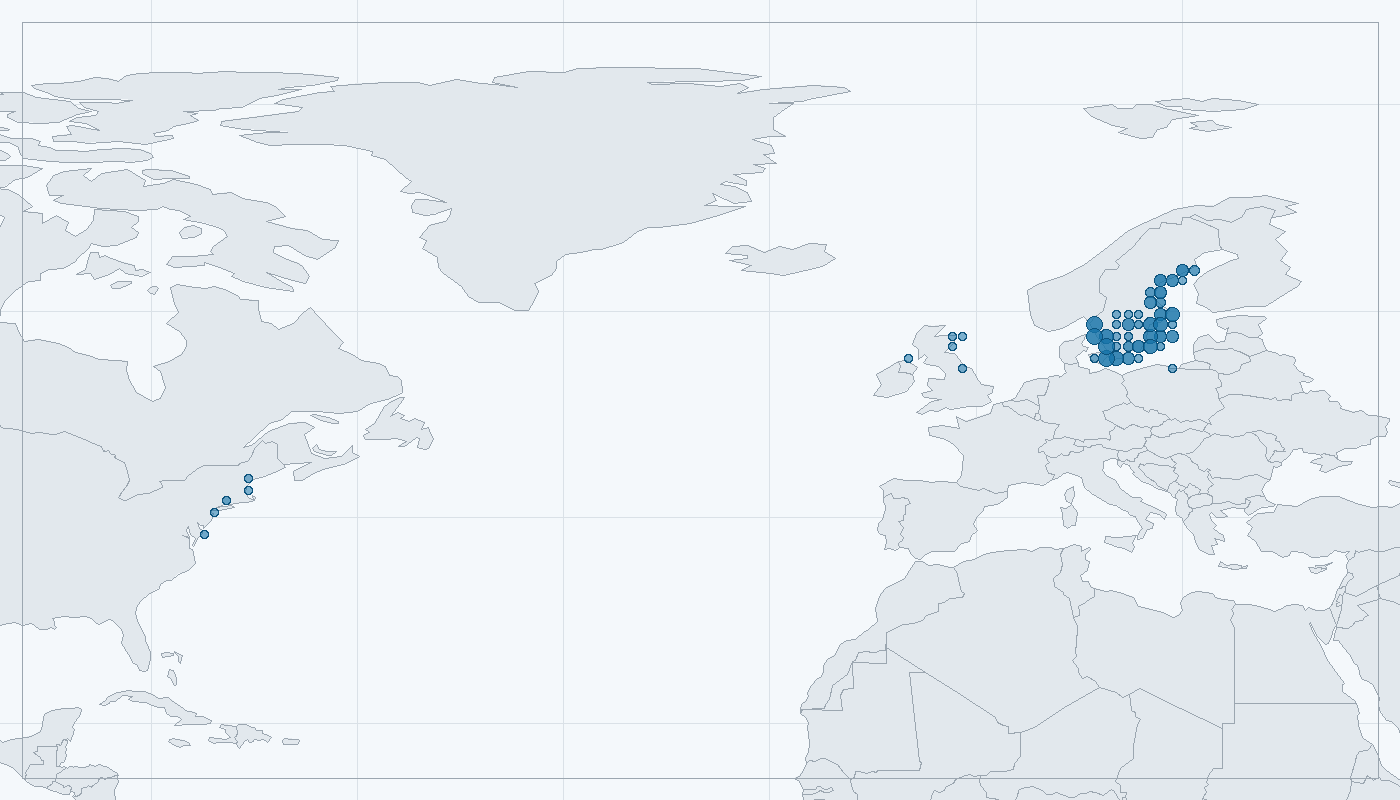 Mapa zaznamenaného výskytu: Kajka mořská (Somateria mollissima)