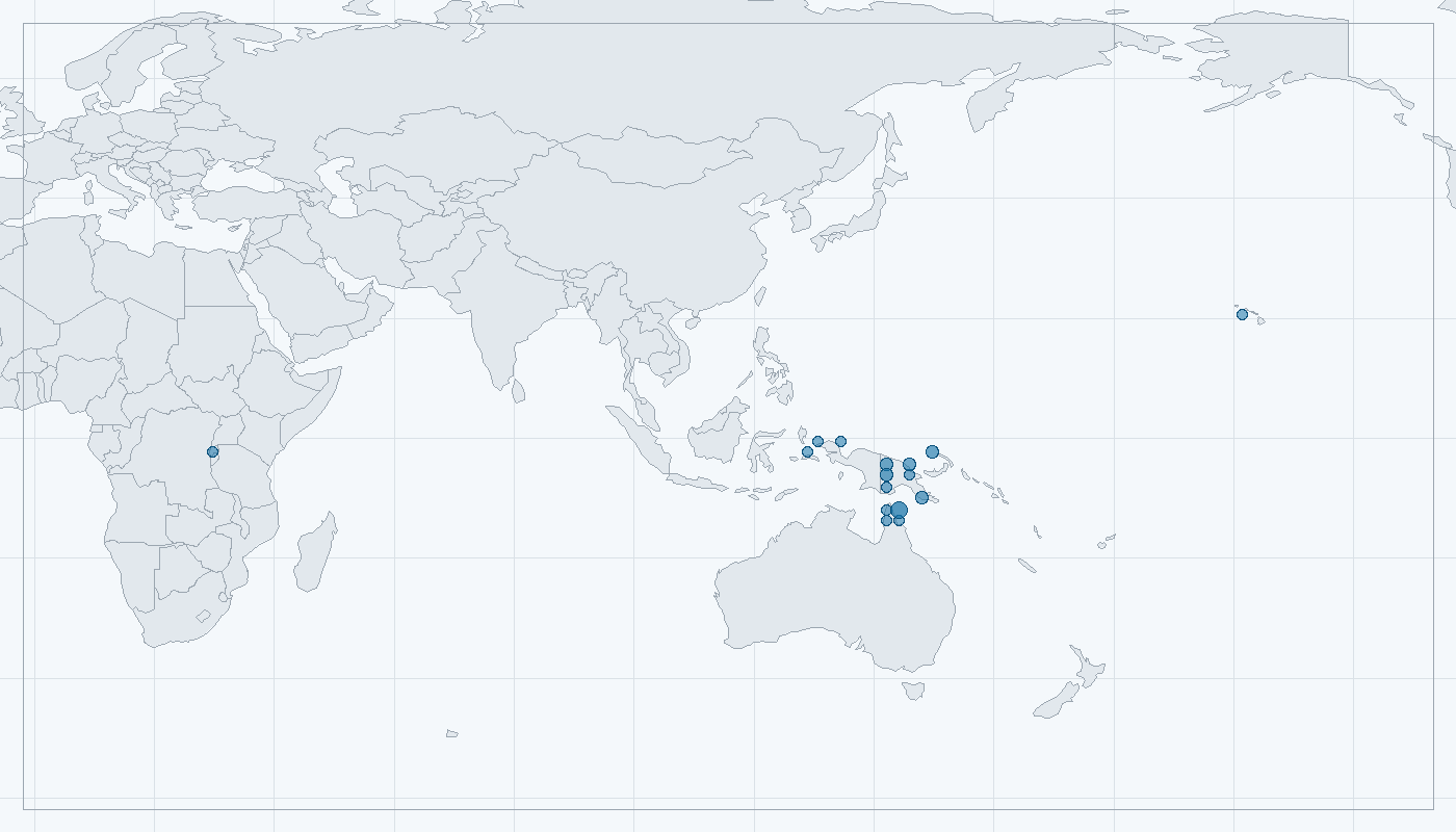 Mapa zaznamenaného výskytu: Kuskus skvrnitý (Spilocuscus maculatus)