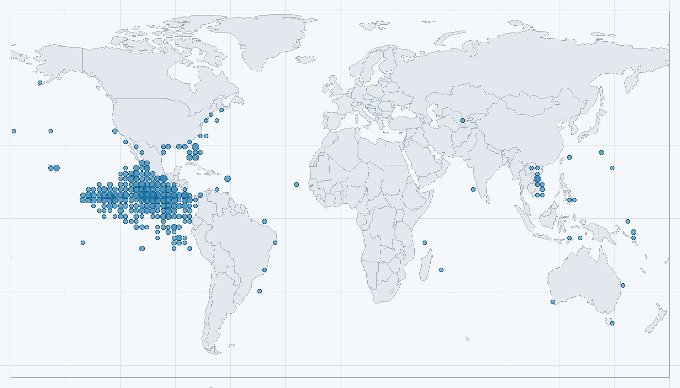 Mapa zaznamenaného výskytu: Delfín pobřežní (Stenella attenuata)