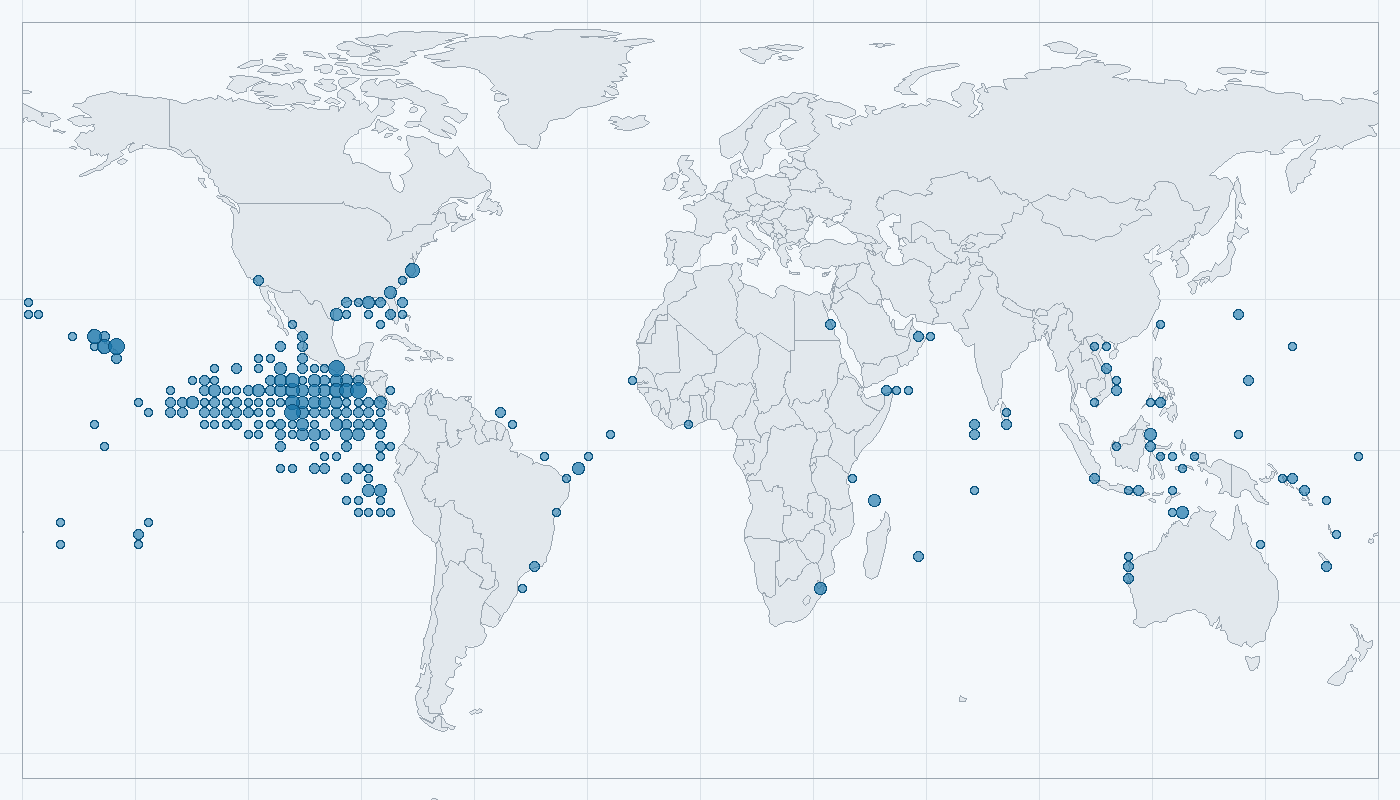 Mapa zaznamenaného výskytu: Delfín dlouholebý (Stenella longirostris)