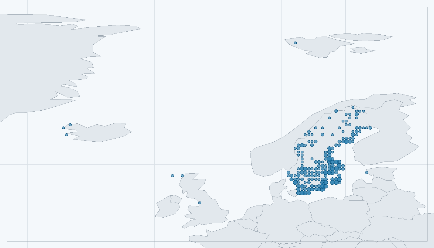 Mapa zaznamenaného výskytu: Rybák dlouhoocasý (Sterna paradisaea)