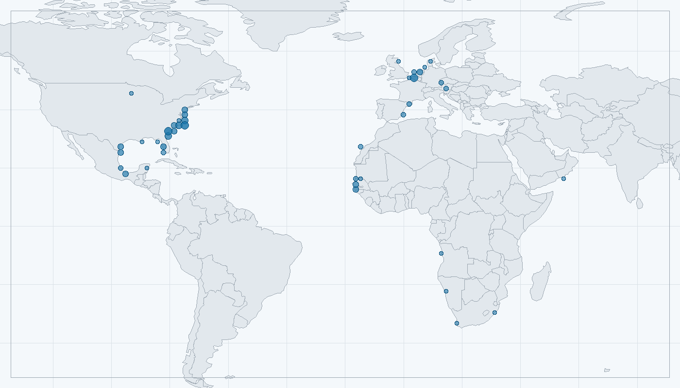 Mapa zaznamenaného výskytu: Rybák severní (Sterna sandvicensis)