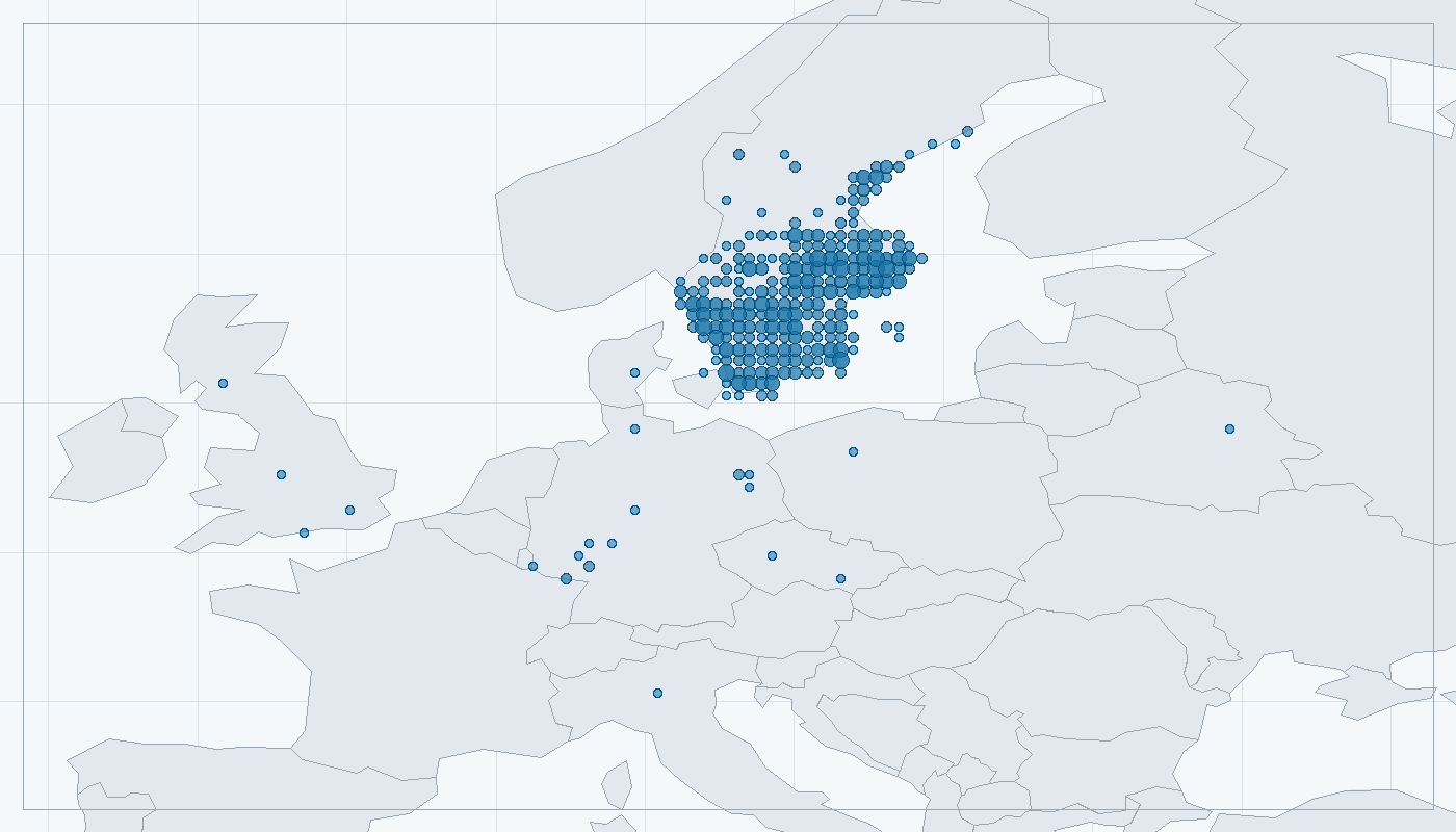 Mapa zaznamenaného výskytu: Puštík obecný (Strix aluco)