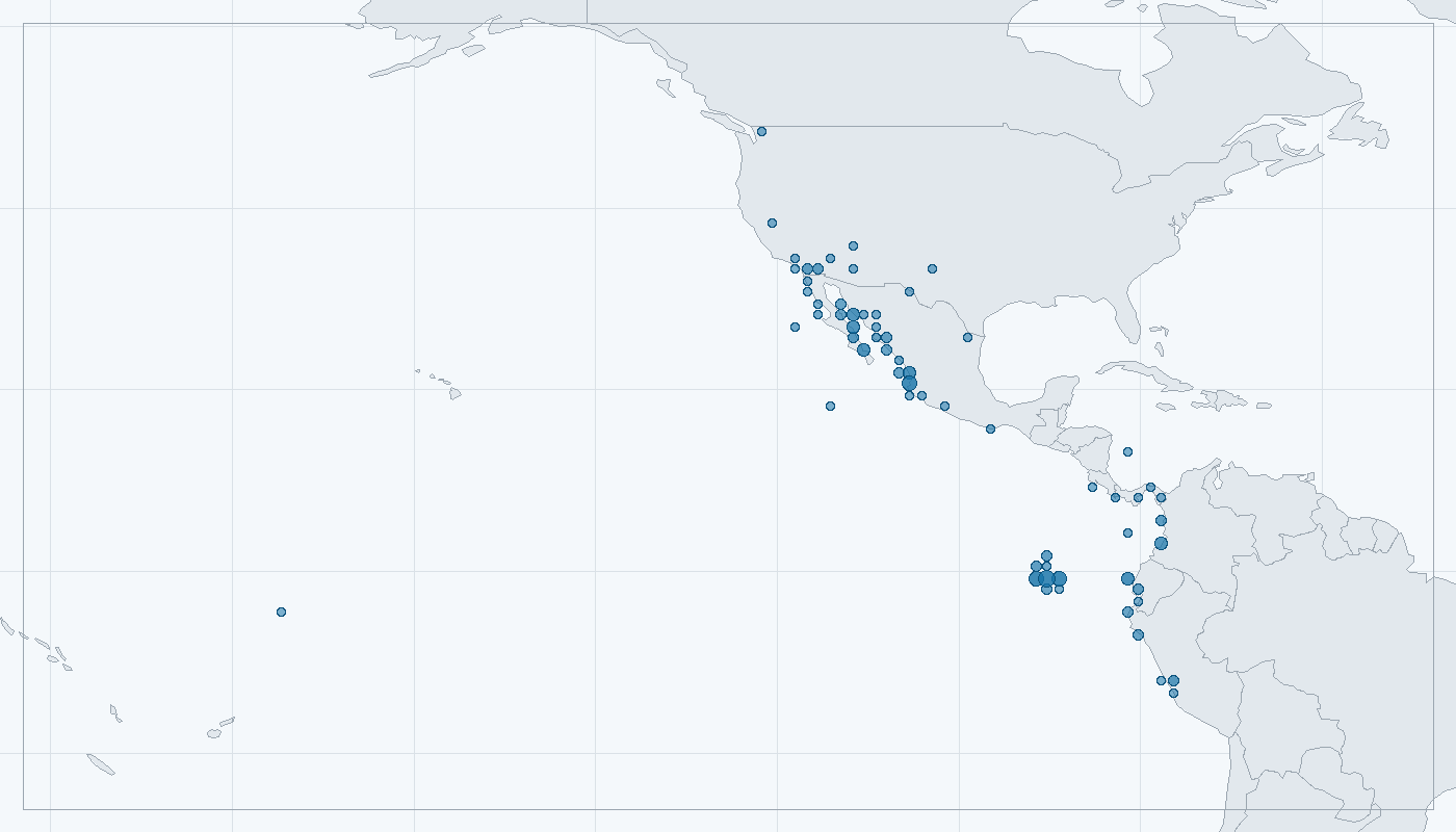 Mapa zaznamenaného výskytu: Terej modronohý (Sula nebouxii)