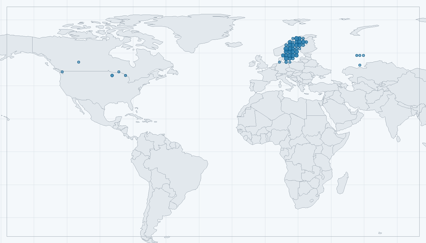 Mapa zaznamenaného výskytu: Sovice krahujová (Surnia ulula)