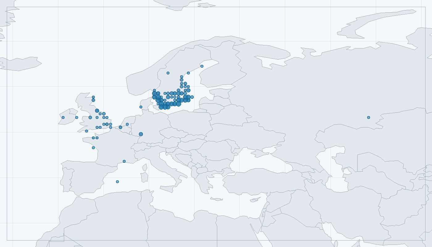 Mapa zaznamenaného výskytu: Husice liščí (Tadorna tadorna)