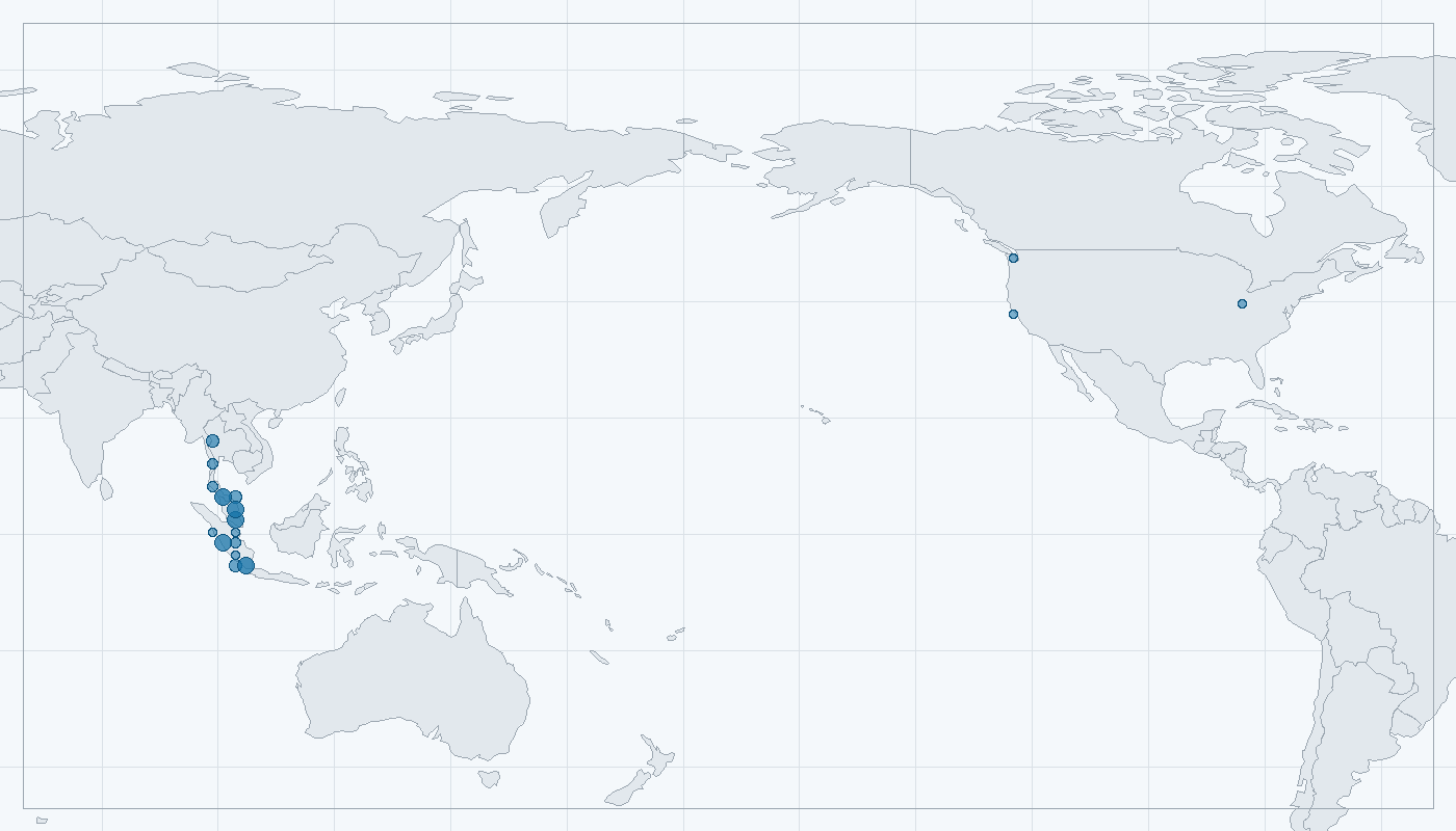 Mapa zaznamenaného výskytu: Tapír indický (Tapirus indicus)
