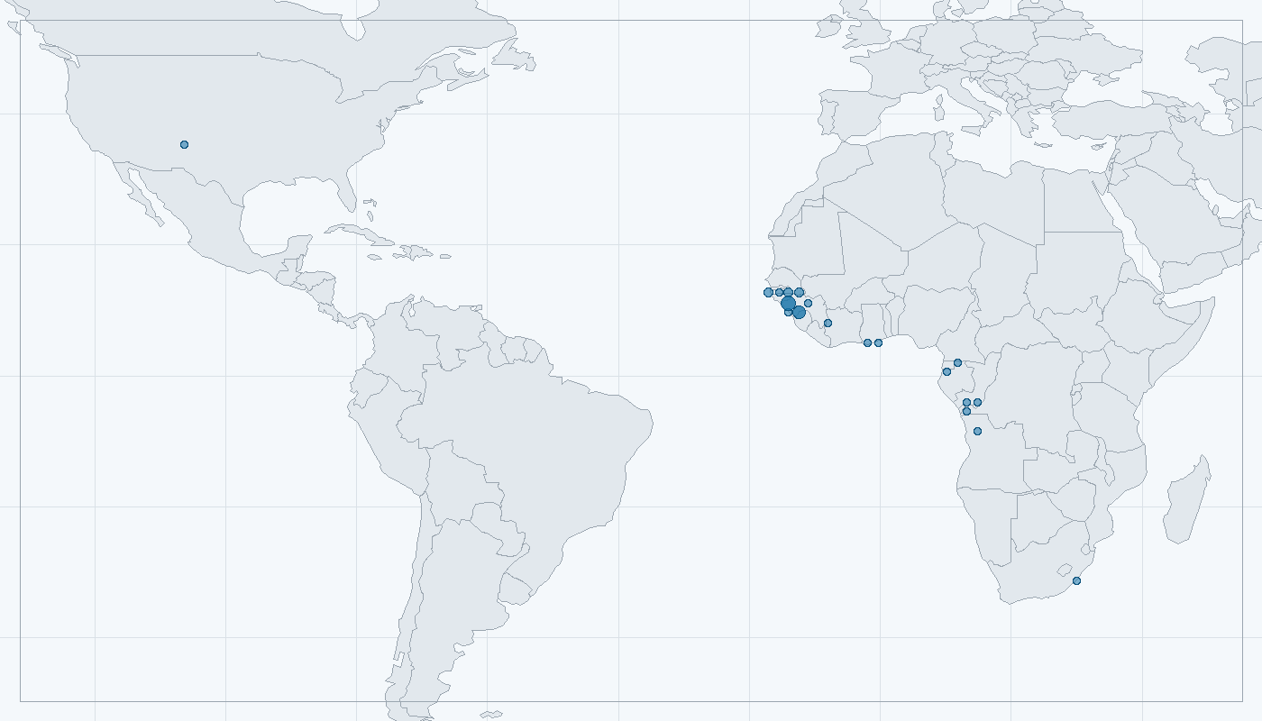 Mapa zaznamenaného výskytu: Turako chocholatý (Tauraco persa)