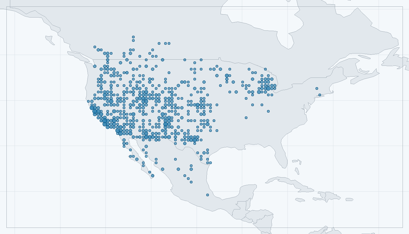 Mapa zaznamenaného výskytu: Jezevec americký (Taxidea taxus)