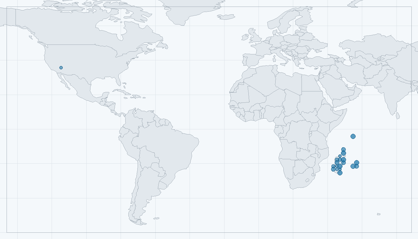 Mapa zaznamenaného výskytu: Bodlín bezocasý (Tenrec ecaudatus)