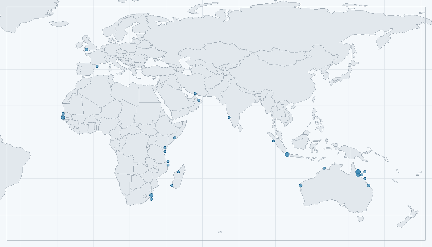 Mapa zaznamenaného výskytu: Rybák chocholatý (Thalasseus bengalensis)