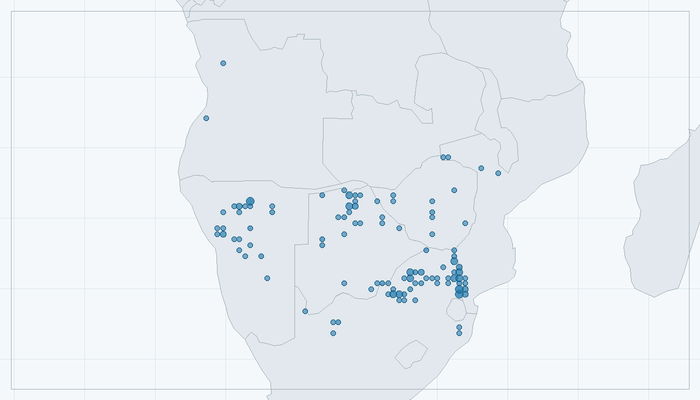 Mapa zaznamenaného výskytu: Zoborožec jihoafrický (Tockus leucomelas)