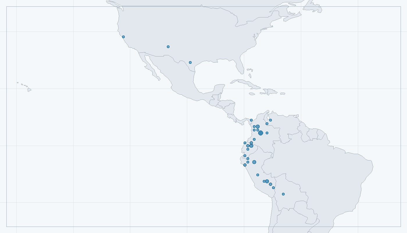 Mapa zaznamenaného výskytu: Medvěd brýlatý (Tremarctos ornatus)