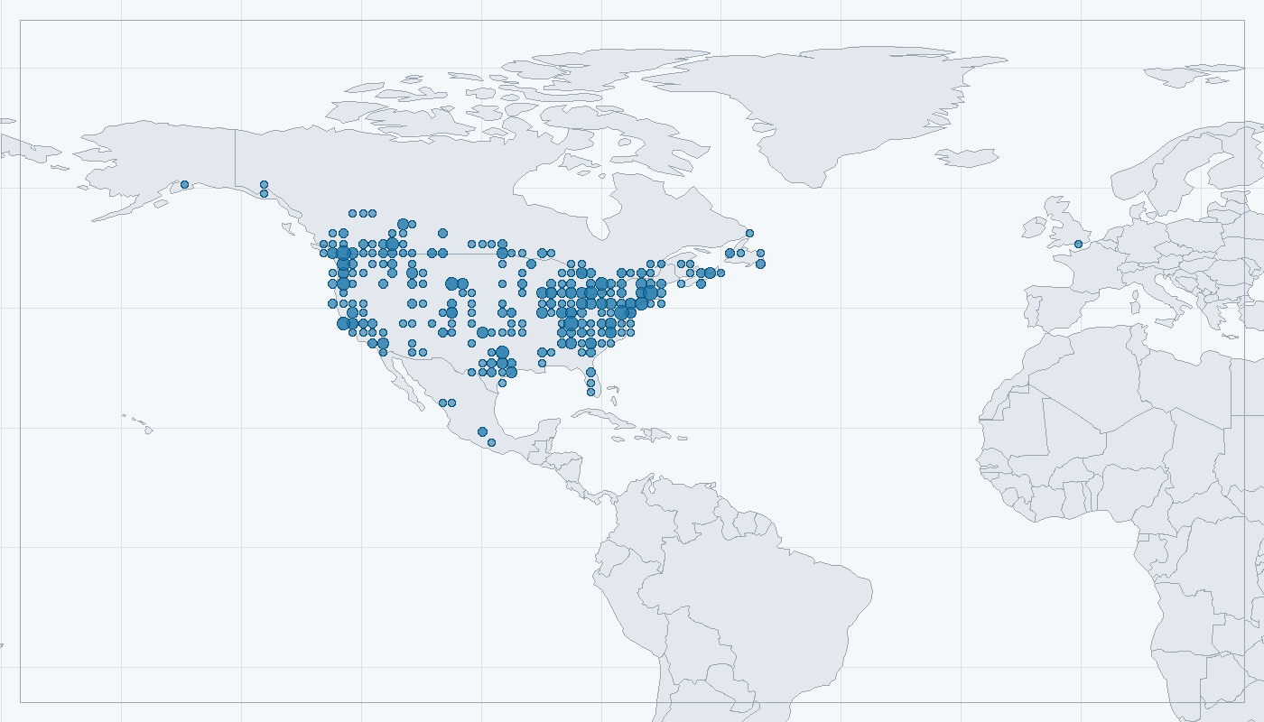 Mapa zaznamenaného výskytu: Drozd stěhovavý (Turdus migratorius)