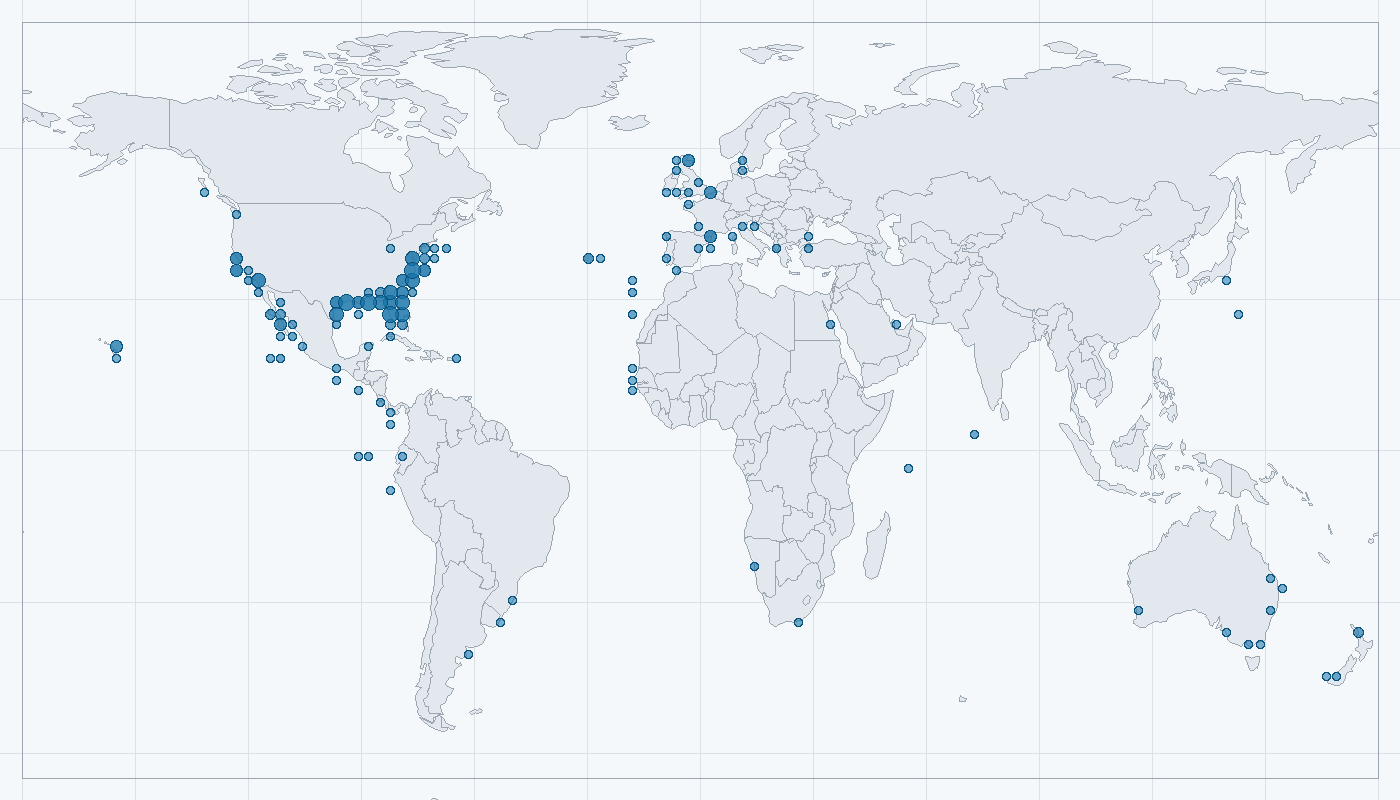 Mapa zaznamenaného výskytu: Delfín skákavý (Tursiops truncatus)