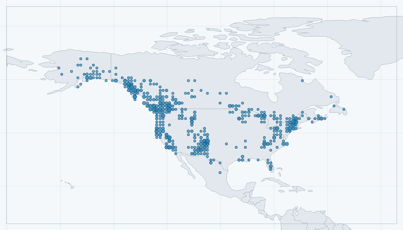 Mapa zaznamenaného výskytu: Medvěd baribal (Ursus americanus)
