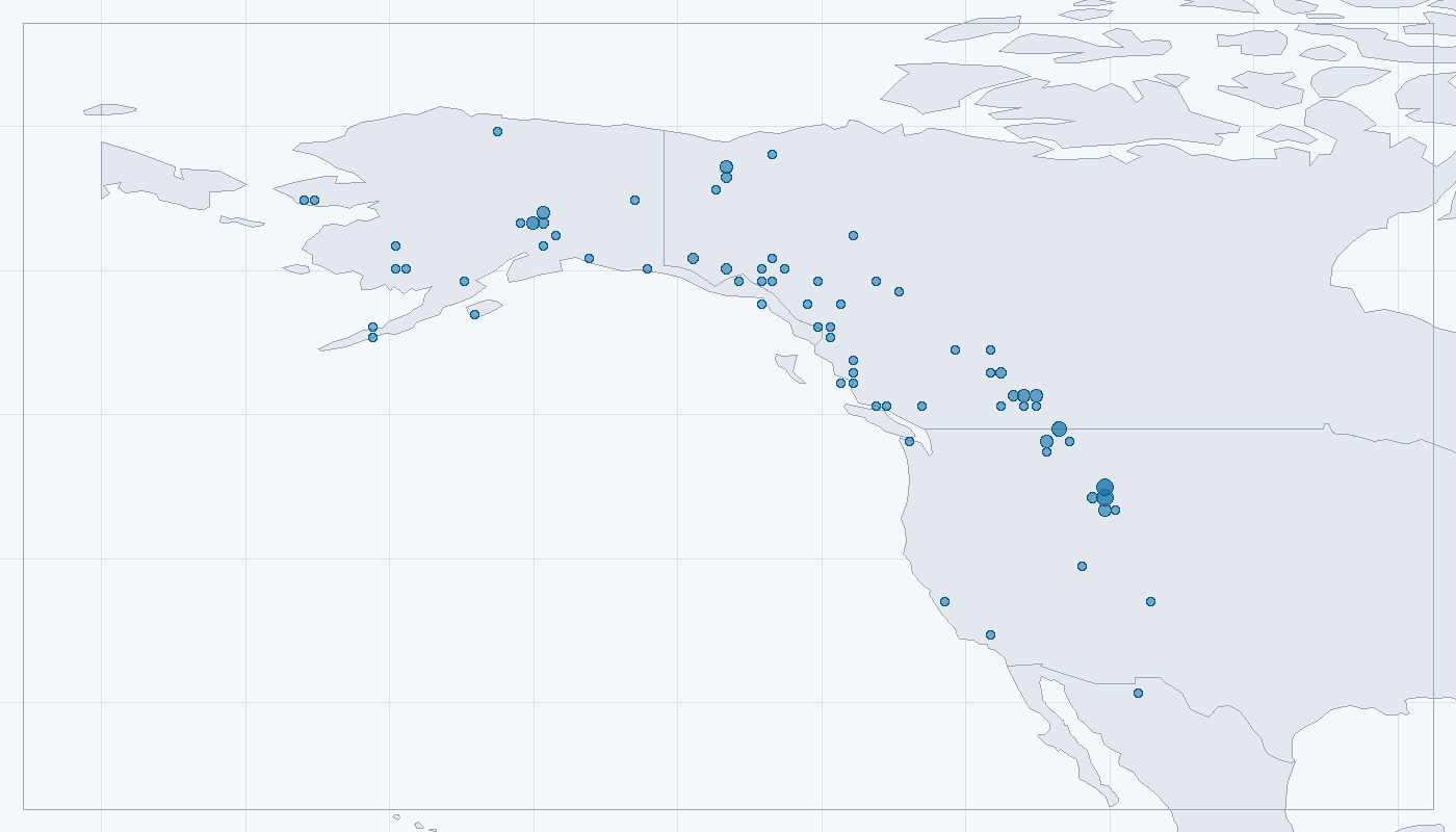 Mapa zaznamenaného výskytu: Medvěd grizzly (Ursus arctos horribilis)